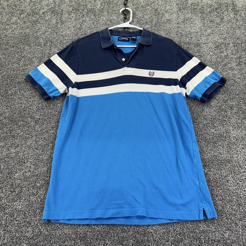 Chaps Polo Shirt Mens Large Blue Striped Cotton Knit Logo Casual Summer Preppy